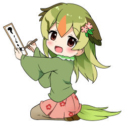 Rule 34 | 10s, 1girl, :d, animal ears, blush, brown eyes, brown footwear, brown pantyhose, calligraphy brush, character request, commentary request, floral print, flower, green hair, green shirt, hair between eyes, hair flower, hair ornament, holding, holding paintbrush, kemono friends, long sleeves, looking at viewer, looking to the side, lowres, makuran, multicolored hair, open mouth, orange hair, paintbrush, pantyhose, pink flower, pink skirt, pleated skirt, print skirt, seiza, shirt, shoes, simple background, sitting, skirt, smile, solo, tail, two-tone hair, white background, wide sleeves