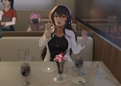Rule 34 | 4girls, against glass, anchor necklace, aoba (kancolle), bag, black hair, black shirt, blouse, blue skirt, blush, breasts, brown hair, coffee table, commentary request, couch, cup, double bun, drinking glass, echt, evil, food, hair between eyes, hair bun, hair ornament, hair ribbon, hairband, hairclip, haruna (kancolle), headband, heart, holding, holding spoon, houshou (kancolle), ice cream, indoors, jacket, kantai collection, kongou (kancolle), large breasts, long hair, long sleeves, multiple girls, necklace, open mouth, paparazzi, pink hair, pink shirt, plate, ponytail, reflection, ribbon, scrunchie, shirt, shopping bag, sitting, skirt, smile, spoon, table, white headband, white jacket, white shirt, wine glass