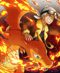 Rule 34 | 1boy, adjusting goggles, black shirt, brown jacket, charizard, claws, commentary request, creatures (company), fangs, fire, friede (pokemon), fur-trimmed jacket, fur trim, game freak, gen 1 pokemon, goggles, goggles on head, green eyes, grey hair, grin, highres, jacket, long sleeves, male focus, nintendo, open clothes, open jacket, open mouth, pokemon, pokemon (anime), pokemon (creature), pokemon horizons, shirt, skarameru, smile, teeth, tongue, yellow eyes