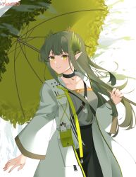Rule 34 | 1girl, absurdres, arknights, artist name, black choker, black skirt, blush, choker, closed mouth, coat, collarbone, elf, green hair, highres, holding, holding umbrella, leaf umbrella, long hair, long sleeves, looking at viewer, mole, mole under eye, muelsyse (arknights), open clothes, pointy ears, simple background, skirt, smile, solo, umbrella, upper body, very long hair, white background, white coat, yellow eyes, yutzyn 13