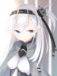 Rule 34 | 1girl, ahoge, anchor symbol, blue eyes, blurry, blush, bodysuit, breasts, chousatou, clothes writing, collared jacket, corset, depth of field, eyes visible through hair, grey jacket, hachimaki, hair between eyes, hair ornament, hair ribbon, headband, highres, jacket, kantai collection, long hair, looking at viewer, medium breasts, neckerchief, one side up, open clothes, open jacket, open mouth, ribbon, sailor collar, side ponytail, silver hair, solo, suzutsuki (kancolle), white bodysuit, white neckerchief