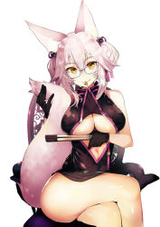 Rule 34 | 1girl, animal ear fluff, animal ears, bare shoulders, bell, black dress, black gloves, blush, breasts, center opening, chair, china dress, chinese clothes, closed mouth, dress, fate/grand order, fate (series), folded fan, folding fan, fox ears, fox girl, fox tail, glasses, gloves, hair between eyes, hand fan, highres, hip focus, jingle bell, koyanskaya (fate), large breasts, long hair, looking at viewer, md5 mismatch, mouth hold, navel, pink hair, resolution mismatch, sidelocks, simple background, sitting, smile, solo, tail, tamamo (fate), tassel, tetsubuta, thighs, underboob, white background, yellow eyes
