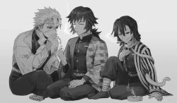 Rule 34 | 3boys, absurdres, animal on arm, arm at side, ashtray, asymmetrical clothes, bandages, belt, between fingers, cigarette, closed eyes, demon slayer uniform, egyuuu, fire, full body, glasgow smile, greyscale, hand on own thigh, hand up, haori, heterochromia, highres, holding, holding cigarette, iguro obanai, japanese clothes, kaburamaru, kimetsu no yaiba, knee up, leg wrap, lighting cigarette, long hair, long sleeves, looking away, looking down, male focus, mask pull, matchbox, matches, monochrome, mouth hold, multiple boys, no shoes, pants, pants tucked in, scar, scar on arm, scar on chest, scar on face, scar on forehead, scar on nose, seiza, shinazugawa sanemi, simple background, sitting, sleeves past wrists, smoke, smoking, snake, split mouth, striped, tabi, tomioka giyuu, vertical stripes