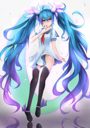Rule 34 | 1girl, absurdly long hair, absurdres, aqua hair, blue eyes, dress, finger to mouth, full body, hatsune miku, highres, long hair, no panties, qingye ling, sailor dress, short dress, smile, solo, thighhighs, twintails, very long hair, vocaloid