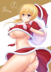 Rule 34 | !, 1girl, alternate costume, ass, bag, blonde hair, blush, breasts, cameltoe, character name, christmas, clothes lift, commentary request, cowboy shot, cropped shirt, curvy, eyes visible through hair, floating hair, from side, fur-trimmed gloves, fur-trimmed shirt, fur-trimmed skirt, fur-trimmed sleeves, fur trim, gift bag, gloves, hair between eyes, hand up, hat, highres, holding, holding bag, huge breasts, lena liechtenauer, long hair, looking at viewer, navel, open mouth, paid reward available, panties, purple eyes, red shirt, red skirt, rio (lio yuzu), santa costume, santa gloves, santa hat, senren banka, shirt, short sleeves, signature, simple background, skirt, skirt lift, solo, spoken exclamation mark, standing, two-tone background, underboob, underwear, unworn headwear, white background, white panties, wind, wind lift, yellow background
