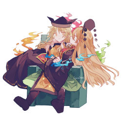 Rule 34 | 2girls, artist name, black dress, black footwear, black headwear, blonde hair, boots, chair, constellation print, detached sleeves, dress, green skirt, hand on own chin, head rest, highres, junko (touhou), kyuutame, long hair, looking at another, matara okina, multiple girls, neck ribbon, pom pom (clothes), red eyes, ribbon, shirt, sitting, sitting on person, skirt, tabard, touhou, very long hair, white shirt, wide sleeves, yellow eyes, yellow ribbon, yuri