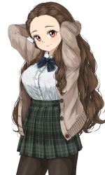 Rule 34 | 1girl, arms behind head, arms up, black pantyhose, bow, bowtie, bra visible through clothes, braid, braided bangs, breasts, brown cardigan, brown hair, cardigan, forehead, gatsby ssl, green skirt, highres, idolmaster, idolmaster cinderella girls, large breasts, light smile, long hair, looking at viewer, pantyhose, plaid, plaid skirt, pleated skirt, school uniform, seki hiromi, shirt, shirt tucked in, simple background, skirt, solo, very long hair, wavy hair, white background, white shirt