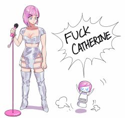 Rule 34 | 1girl, animification, ashley o, ashley too, bad id, bad twitter id, black mirror, blue eyes, boots, breasts, cleavage, collarbone, dizim, english text, high heel boots, high heels, highres, medium breasts, microphone, microphone stand, pink hair, profanity, robot, silver footwear, solo, sweat, thigh boots, thighhighs