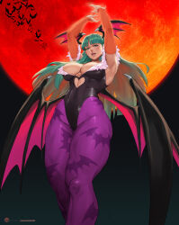 1girl animal_print armpits arms_up bat_(animal) bat_print black_leotard breasts bridal_gauntlets capcom cleavage clothing_cutout covered_navel darkstalkers demon_girl green_eyes green_hair head_wings heart_cutout highres large_breasts leotard long_hair moon morrigan_aensland pantyhose purple_pantyhose red_moon solo toned wings