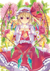 Rule 34 | 1girl, 6u (eternal land), alternate wings, ascot, blonde hair, bow, cover, cover page, crystal, flandre scarlet, floral background, flower, frills, hat, hat bow, looking at viewer, mob cap, pink rose, ponytail, puffy sleeves, red eyes, red rose, ribbon, rose, shirt, short hair, short sleeves, side ponytail, skirt, skirt set, solo, text focus, touhou, vest, wings, yellow rose