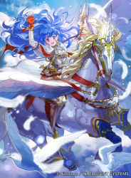 Rule 34 | 1girl, :d, armor, armored dress, bird, blue eyes, blue hair, blush, boots, caeda (fire emblem), cape, elbow gloves, feathers, fingerless gloves, fire emblem, fire emblem: mystery of the emblem, fire emblem cipher, gloves, hair blowing, long hair, matching hair/eyes, mayo (becky2006), nintendo, open mouth, pegasus, polearm, scabbard, sheath, sheathed, smile, solo, spear, sword, thigh boots, thighhighs, unicorn, waving, weapon