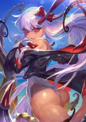 Rule 34 | 1girl, ass, bare shoulders, bb (fate), bb (fate) (all), bb (swimsuit mooncancer) (fate), bb (swimsuit mooncancer) (third ascension) (fate), bow, cowboy shot, dark-skinned female, dark skin, day, fang, fate/grand order, fate (series), from behind, gloves, hair between eyes, hair bow, high heels, highres, jacket, leg up, leotard, long hair, looking at viewer, looking back, nijimaarc, ocean, open mouth, outdoors, purple eyes, purple hair, red bow, red eyes, red footwear, skin fang, smile, solo, standing, standing on one leg, unworn jacket, very long hair, white gloves, white leotard