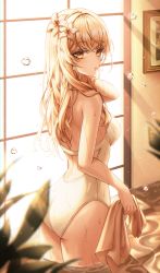 Rule 34 | 1girl, absurdres, alternate hair length, alternate hairstyle, ass, blonde hair, blurry, blush, closed mouth, day, depth of field, flower, from side, genshin impact, ha yusa, hair flower, hair ornament, highres, holding, holding towel, indoors, leaf, lips, long hair, looking at viewer, looking back, lumine (genshin impact), one-piece swimsuit, picture frame, solo, sunlight, swimsuit, towel, wading, water drop, wavy hair, wet, white flower, white one-piece swimsuit, window, yellow eyes