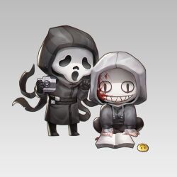 Rule 34 | 2boys, bandaged hand, bandages, belt, belt buckle, black belt, black coat, black footwear, black gloves, black hood, black pants, blood, blood on face, book, bookmark, boots, buckle, camera, chibi, chinese commentary, clenched hand, coat, commentary request, dead by daylight, ghostface, gloves, gradient background, grey background, grey hoodie, highres, holding, holding camera, hood, hood up, hoodie, long sleeves, multiple boys, open book, pants, sdz (inazuma), sharp teeth, sitting, slit pupils, smile, smiley face, teeth, the legion (dead by daylight), white mask, yaoi
