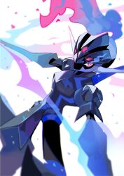 Rule 34 | blade, blue fire, ceruledge, creatures (company), eye trail, fire, flaming eyes, game freak, hands up, highres, light trail, looking at viewer, nintendo, pokemon, pokemon (creature), purple eyes, purple fire, simple background, solo, yasaikakiage