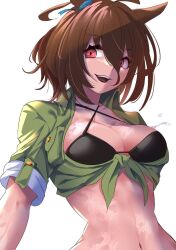 Rule 34 | 1girl, agnes tachyon (lunatic lab) (umamusume), agnes tachyon (umamusume), animal ears, arms at sides, bikini, bikini under clothes, black bikini, breasts, brown hair, cleavage, collared jacket, commentary request, criss-cross halter, ear ornament, empty eyes, green jacket, hair between eyes, halterneck, highres, horse ears, jacket, large breasts, linea alba, long bangs, looking at viewer, medium hair, navel, official alternate costume, open mouth, red eyes, short sleeves, simple background, smile, solo, stomach, strap gap, swimsuit, tied jacket, umamusume, wet, white background, wing collar, yakuoyoso