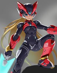Rule 34 | 1boy, adapted costume, android, black eyes, blonde hair, energy blade, energy sword, grey background, helmet, holding, holding weapon, joints, long hair, male focus, mega man (series), mega man zero (series), robot joints, scccs2, simple background, solo, sword, very long hair, weapon, zero(z) (mega man), zero (mega man)