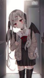 Rule 34 | 1girl, absurdres, backlighting, bandaid, bandaid on face, bat wings, beige jacket, black choker, black shirt, black skirt, black thighhighs, blood, bloody knife, blurry, blurry background, blush, choker, closed mouth, collarbone, commentary request, cowboy shot, cross, demon girl, flat chest, hair ornament, head tilt, highres, holding, holding knife, indoors, knife, latin cross, long hair, looking at viewer, original, over-kneehighs, pleated skirt, red eyes, red serafuku, sailor collar, school uniform, serafuku, shirt, silver hair, skirt, smile, solo, standing, swept bangs, thighhighs, twintails, uniform, very long hair, whitebc, wings, x hair ornament, yandere