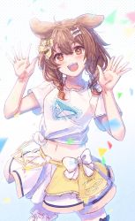 Rule 34 | 1girl, animal ears, bone hair ornament, braid, brown eyes, brown hair, commentary request, dog ears, hair ornament, highres, hololive, inugami korone, ittokyu, long hair, looking at viewer, midriff, navel, open mouth, shirt, short sleeves, signature, skirt, twin braids, virtual youtuber, white shirt