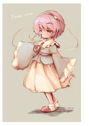 Rule 34 | 1girl, blouse, blue shirt, character name, closed mouth, collared shirt, commentary request, eyeball, frilled shirt collar, frilled sleeves, frills, full body, grey background, heart, komeiji satori, kouba, long sleeves, pink eyes, pink hair, shirt, short hair, simple background, skirt, sleeves past fingers, sleeves past wrists, solo, standing, third eye, touhou, wide sleeves