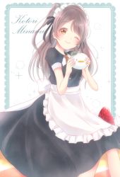 Rule 34 | 1girl, animal, apron, artist name, artist request, bird, black ribbon, blush, bow, brown eyes, brown hair, cafe maid (love live!), dress, female focus, food, frilled apron, frills, fruit, green bow, hair bow, holding, holding animal, holding bird, light brown hair, long hair, looking at viewer, love live!, love live! school idol project, maid, maid apron, maid headdress, minami kotori, minami kotori (bird), neck ribbon, necktie, one eye closed, ribbon, short sleeves, skranou, smile, solo, strawberry, yellow eyes