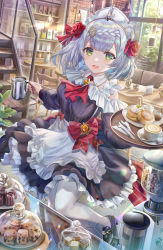 Rule 34 | 1girl, apron, black dress, black footwear, blush, braid, braided bangs, breasts, cappuccino, coffee maker, dress, food, genshin impact, green eyes, grey hair, highres, large breasts, latte art, loafers, long sleeves, looking at viewer, noelle (genshin impact), open mouth, pancake, pantyhose, ribbon, serving dome, shoes, short hair, smile, solo, souffle pancake, table, torino aqua, white apron, white pantyhose, wooden table