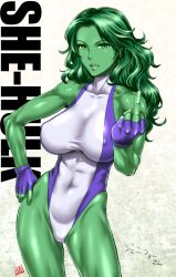 Rule 34 | 1girl, abs, bare shoulders, breasts, colored skin, contrapposto, covered erect nipples, fingerless gloves, gloves, green eyes, green hair, green skin, hand on own hip, jennifer walters, large breasts, leotard, lips, long hair, marvel, matching hair/eyes, middle finger, muscular, nose, she-hulk, shiny skin, shirt, skin tight, solo, st.germain-sal, standing, taut clothes, taut shirt