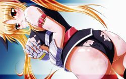 Rule 34 | 00s, 1girl, ass, blonde hair, breasts, covering breasts, covering privates, fate testarossa, fate testarossa (true sonic form), highres, large breasts, long hair, lyrical nanoha, mahou shoujo lyrical nanoha strikers, metal gloves, red eyes, revision, solo, tappa (esperanza), torn clothes, very long hair