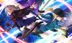 Rule 34 | 2girls, absurdres, ahoge, artoria pendragon (all), artoria pendragon (fate), ass, baseball cap, black footwear, black hat, black jacket, black legwear, black shorts, blonde hair, blue jacket, blue scarf, blue skirt, boots, brown hair, closed mouth, commentary request, dual wielding, fate/grand order, fate (series), fighting stance, foreshortening, glowing, glowing sword, glowing weapon, green eyes, hair between eyes, hat, highres, hinomoto madoka, holding, jacket, jpeg artifacts, knee boots, long hair, long sleeves, looking at viewer, midair, miniskirt, multiple girls, mysterious heroine x (fate), mysterious heroine x alter (fate), mysterious heroine x alter (first ascension) (fate), neckerchief, open clothes, open jacket, outstretched arm, plaid, plaid scarf, pleated skirt, pocket, ponytail, red neckerchief, red scarf, saber (fate), scarf, school uniform, serafuku, serious, short hair, short shorts, shorts, sidelocks, skirt, sparkle, thighhighs, tsurime, twisted torso, weapon, yellow eyes