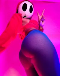 Rule 34 | 1girl, ahqua marine, all fours, ass, bra, breasts, clothes, cosplay, highres, looking back, mario (series), mask, medium breasts, nintendo, partially undressed, photo (medium), red bra, shy guy, shy guy (cosplay), underwear, v