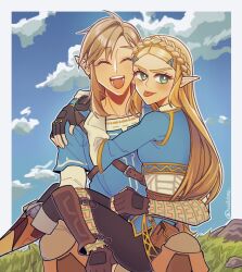 Rule 34 | 1boy, 1girl, arms around neck, black pants, blonde hair, blue shirt, blue sky, blue tunic, blush, boots, braid, brown footwear, brown gloves, closed eyes, cloud, cloudy sky, collarbone, commentary, commission, couple, crown braid, english commentary, fingerless gloves, gloves, grass, green eyes, hair ornament, hairclip, hetero, highres, hug, knee boots, link, long hair, looking at viewer, nintendo, open mouth, outdoors, pants, parted bangs, pointy ears, princess, princess zelda, rock, seilidare, shirt, short sleeves, sidelocks, sitting, sitting on lap, sitting on person, sky, the legend of zelda, the legend of zelda: breath of the wild, thick eyebrows, tongue, tongue out, twitter username