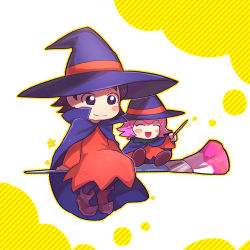Rule 34 | adeleine, black hair, blush stickers, cape, chiimako, dress, hat, kirby (series), nintendo, outline, paintbrush, pink hair, pointy footwear, red dress, ribbon (kirby), sitting, smile, wand, white background, witch, witch hat, yellow background