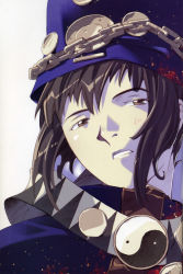 Rule 34 | 00s, 1girl, absurdres, androgynous, blue hat, boogiepop, boogiepop (character), brown eyes, brown hair, chain, half-closed eyes, hat, highres, official art, ogata kouji, portrait, scan, solo, yin yang