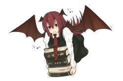 Rule 34 | 1girl, bat wings, black skirt, black vest, book, book stack, breasts, expressionless, flying, hair between eyes, head wings, highres, holding, holding book, jitome, juliet sleeves, koakuma, long hair, long sleeves, medium breasts, necktie, open mouth, puffy sleeves, red eyes, red hair, red necktie, senzaicha kasukadoki, shirt, skirt, solo, touhou, very long hair, vest, white background, white shirt, wing collar, wings
