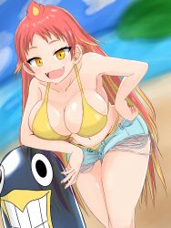 Rule 34 | 1girl, 20s, absurdres, bare arms, bare shoulders, beach, bikini, bra, breasts, cleavage, collarbone, colored tips, eyelashes, gyari (bird), hand on own hip, highres, hikasa tomoshika, himukai ryumaru, inflatable toy, large breasts, leaning on object, looking at viewer, loose pants, loose shorts, multicolored hair, nail polish, ocean, panties, raised eyebrows, red hair, short shorts, shorts, smile, swimsuit, two-tone hair, unbuttoned, underwear, virtual youtuber, voms, wide hips, yellow bra, yellow eyes, yellow nails, yellow panties