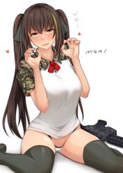 Rule 34 | 1girl, ar-15, assault rifle, black hair, black thighhighs, cameltoe, camouflage, camouflage shirt, girls&#039; frontline, green eyes, green hair, gun, highleg, highleg panties, highres, long hair, m4 carbine, m4a1 (girls&#039; frontline), mosa331, multicolored hair, neck ribbon, panties, paw pose, ribbon, rifle, shirt, sitting, streaked hair, thighhighs, twintails, underwear, wariza, weapon, white background, white panties, white shirt
