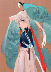 Rule 34 | 1girl, absurdres, arms up, black kimono, breasts, earrings, fate/samurai remnant, fate (series), green eyes, green kimono, hakama, hakama skirt, highres, japanese clothes, jewelry, katana, kimono, long hair, long sleeves, looking at viewer, medium breasts, ponytail, sidelocks, skirt, solo, sword, weapon, white hair, white hakama, wide sleeves, yan (pixiv43500719), yui shousetsu (fate)