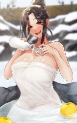 Rule 34 | 1girl, alcohol, bare shoulders, bath, bathing, blush, bottle, breasts, brown hair, bust cup, cleavage, collarbone, covering privates, cup, hair over one eye, highres, holding, large breasts, long hair, looking at viewer, mature female, mole, mole on neck, naked towel, nekotokage, nijisanji, nude cover, onsen, open mouth, orange eyes, partially submerged, pouring, pouring onto self, rock, sake, sake bottle, shirayuki tomoe, sitting, smile, solo, towel, virtual youtuber, water, wet, wet towel, white towel