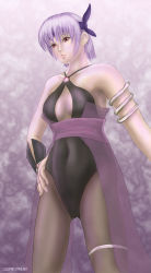 Rule 34 | 1girl, armlet, ayane (doa), bare shoulders, black pantyhose, breasts, brooch, cleavage, cleavage cutout, clothing cutout, dead or alive, expressionless, hand on own hip, headband, jewelry, large breasts, liquidshade, pantyhose, pink eyes, purple hair, short hair, skin tight, solo, standing, tecmo