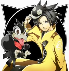 Rule 34 | 1boy, beak, bird, black hair, brown eyes, claws, coat, foreshortening, highres, holding, holding mask, jing (jing king of bandits), jing (ou dorobou jing), jing king of bandits, kir (jing king of bandits), long coat, long sleeves, looking at viewer, mask, nakano maru, parted lips, short hair, simple background, smile, spiked hair, tongue, tongue out, yellow coat