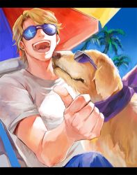 Rule 34 | 10s, 1boy, bad id, bad pixiv id, beach, blonde hair, day, denim, dog, happy, image sample, jeans, john (tiger &amp; bunny), keith goodman, letterboxed, male focus, megane (artist), outdoors, palm tree, pants, pixiv sample, shirt, short hair, solo, source request, summer, sunglasses, t-shirt, thumbs up, tiger &amp; bunny, tree, umbrella