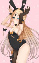 Rule 34 | 1girl, abigail williams (fate), animal ears, arched back, armpits, asymmetrical legwear, bad id, bad pixiv id, black bow, black gloves, black legwear, black leotard, blonde hair, blue eyes, bow, breasts, closed mouth, covered navel, elbow gloves, fake animal ears, fate/grand order, fate (series), forehead, gloves, hair bow, hands up, heart, highleg, highleg leotard, highres, jewelry, keyhole, leotard, long hair, multiple bows, orange bow, parted bangs, pink background, playboy bunny, polka dot, polka dot bow, rabbit ears, rabbit pose, rabbit tail, ring, shin (rwkk8733), single glove, small breasts, smile, tail, thighs, uneven legwear