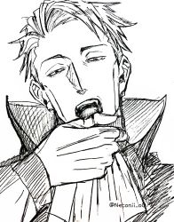 Rule 34 | 1boy, ascot, blood, commentary, fangs, greyscale, high collar, highres, jujutsu kaisen, looking at viewer, male focus, monochrome, nanami kento, nekonii, open mouth, portrait, short hair, sketch, solo, symbol-only commentary, teeth, twitter username, upper teeth only, vampire, white background