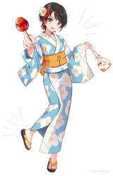 Rule 34 | 1girl, ahoge, alternate costume, bag, black hair, blue eyes, blue kimono, blush, candy apple, commentary, drawstring bag, floral print, flower, food, full body, hair flower, hair ornament, highres, holding, holding bag, holding food, hololive, japanese clothes, kimono, looking at viewer, obi, official art, oozora subaru, open mouth, parted bangs, sandals, sash, shigure ui, short hair, simple background, smile, solo, toes, upper body, virtual youtuber, watermark, white background, wide sleeves