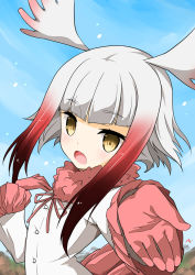 Rule 34 | 10s, 1girl, brown eyes, day, fur collar, gloves, gradient hair, head wings, japanese crested ibis (kemono friends), kemono friends, long sleeves, looking at viewer, minazuki futago, multicolored hair, open mouth, outstretched arm, red hair, short hair, sidelocks, sky, white hair, wings