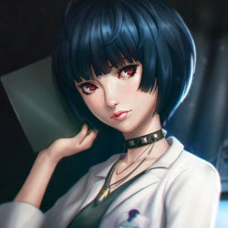 Rule 34 | 1girl, blue hair, choker, commentary, english commentary, face, holding, ilya kuvshinov (style), lab coat, looking at viewer, persona, persona 5, red hair, rotisusu, short hair, solo, takemi tae