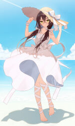 Rule 34 | 1girl, absurdres, barefoot, beach, blue sky, blush, bow, brown hair, closed mouth, cloud, cloudy sky, commentary request, crossed bangs, dress, eyelashes, feet, flat chest, full body, green eyes, hair bow, hair ribbon, hands up, hat, hat ribbon, highres, knees together feet apart, long hair, looking at viewer, minasenagi, ocean, original, outdoors, ribbon, scrunchie, shadow, sidelocks, sky, sleeveless, sleeveless dress, smile, solo, standing, straw hat, sun hat, toenails, toes, white dress, white ribbon, wrist scrunchie