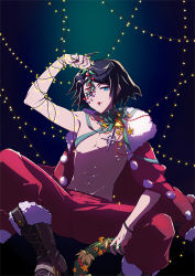 Rule 34 | 1boy, bad id, bad pixiv id, black hair, blue eyes, boots, bow, christmas lights, come hither, cross-laced footwear, gradient background, gundam, gundam tekketsu no orphans, holding, holding mistletoe, jacket, jacket on shoulders, liusang, looking at viewer, male focus, mikazuki augus, mistletoe, mouth hold, ribbon, santa costume, sitting, solo, spread legs, topless male, wreath