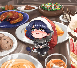 Rule 34 | + +, 1girl, black capelet, black hair, blush, cake, capelet, chibi, commentary request, cookie, cup, doremy sweet, drinking glass, food, full body, highres, ice cream, ise corridor, looking at viewer, open mouth, pocky, pom pom (clothes), rice, salad, short hair, solo, sweatdrop, tail, tapir tail, touhou, white footwear
