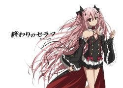 Rule 34 | 1girl, artist name, black dress, black ribbon, bow, bowtie, choker, copyright name, detached sleeves, dress, flat chest, floating hair, hair between eyes, hair ornament, ingi, krul tepes, long hair, looking at viewer, owari no seraph, pink hair, red bow, red bowtie, red eyes, ribbon, short dress, simple background, sleeveless, sleeveless dress, smile, solo, standing, twintails, two side up, very long hair, white background
